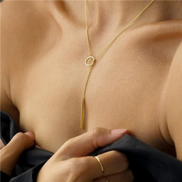 Lariat Necklace for Women,Dainty Gold Long Necklaces 14k Gold Plated Heart Pearl - Picture 3 of 7